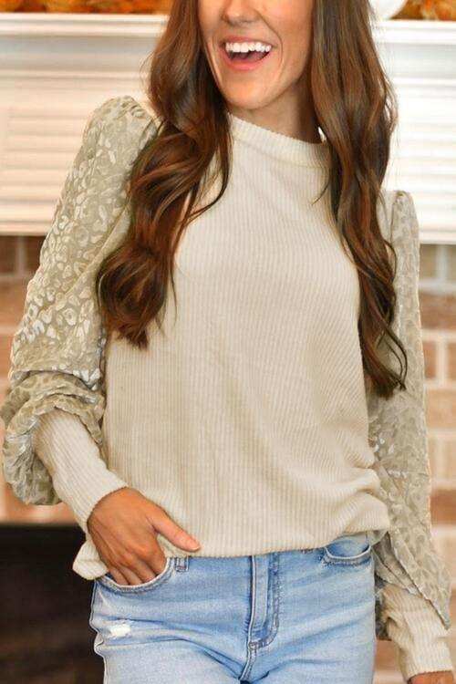 Leopard Print Long Sleeve Ribbed Knit Blouse - Trendsi - Flyclothing LLC