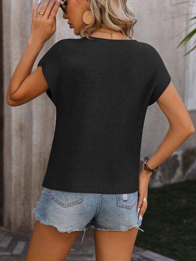 Pocketed Round Neck Cap Sleeve Sweater - Trendsi - Flyclothing LLC