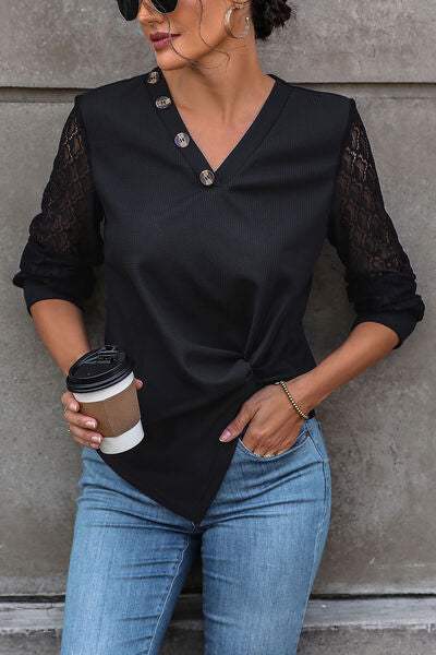 Twisted Decorative Button Long Sleeve T-Shirt - Trendsi - Flyclothing LLC