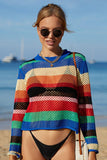 Rainbow Stripe Openwork Long Sleeve Cover-Up - Trendsi
