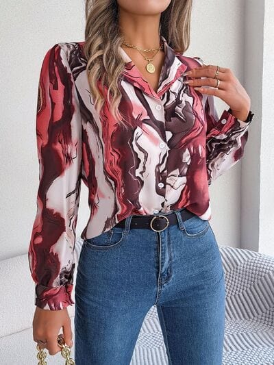 Printed Button Up Long Sleeve Shirt - Trendsi