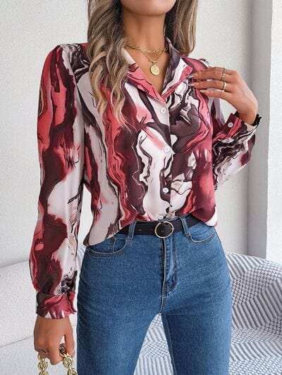 Printed Button Up Long Sleeve Shirt - Trendsi - Flyclothing LLC