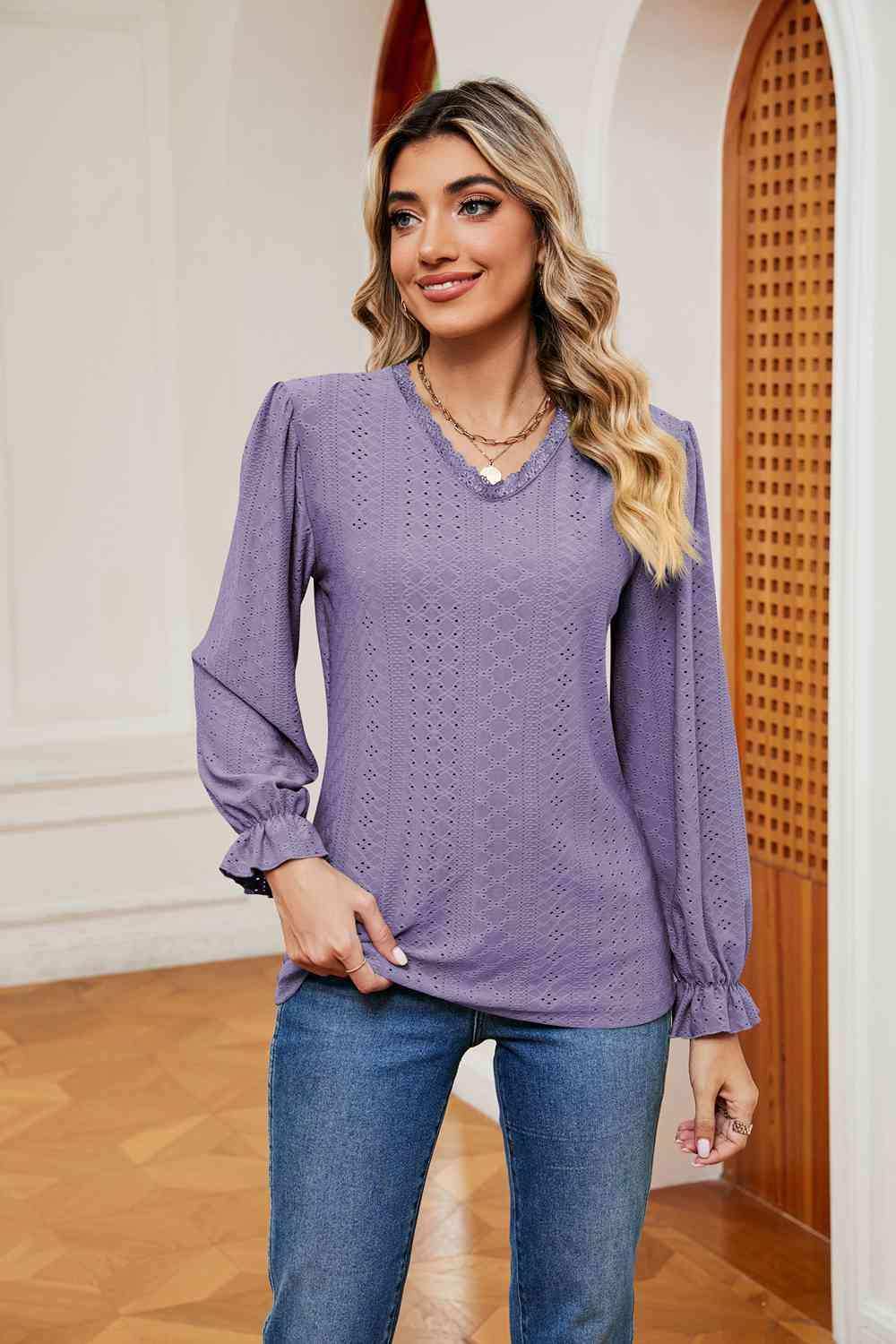 V-Neck Flounce Sleeve Blouse - Trendsi - Flyclothing LLC