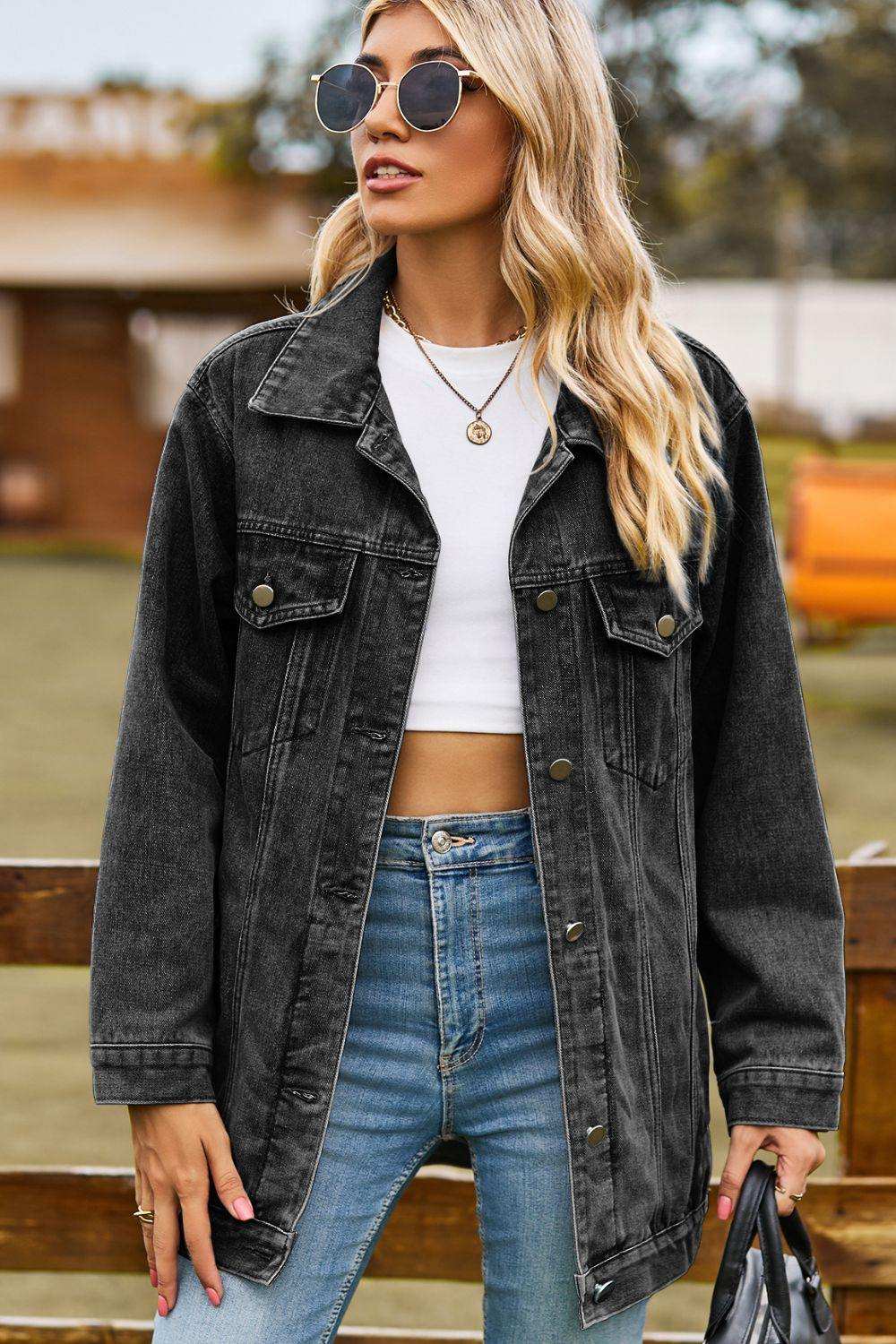 Buttoned Collared Neck Denim Jacket with Pockets - Trendsi - Flyclothing LLC