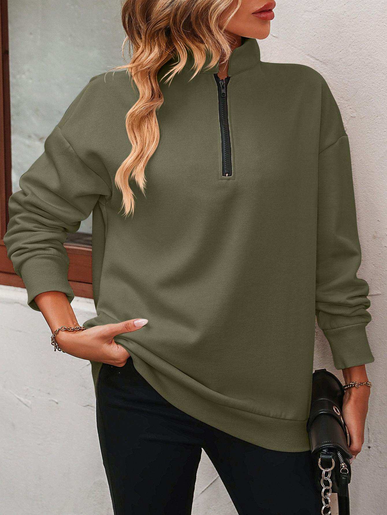 Zip-Up Dropped Shoulder Sweatshirt - Trendsi - Flyclothing LLC