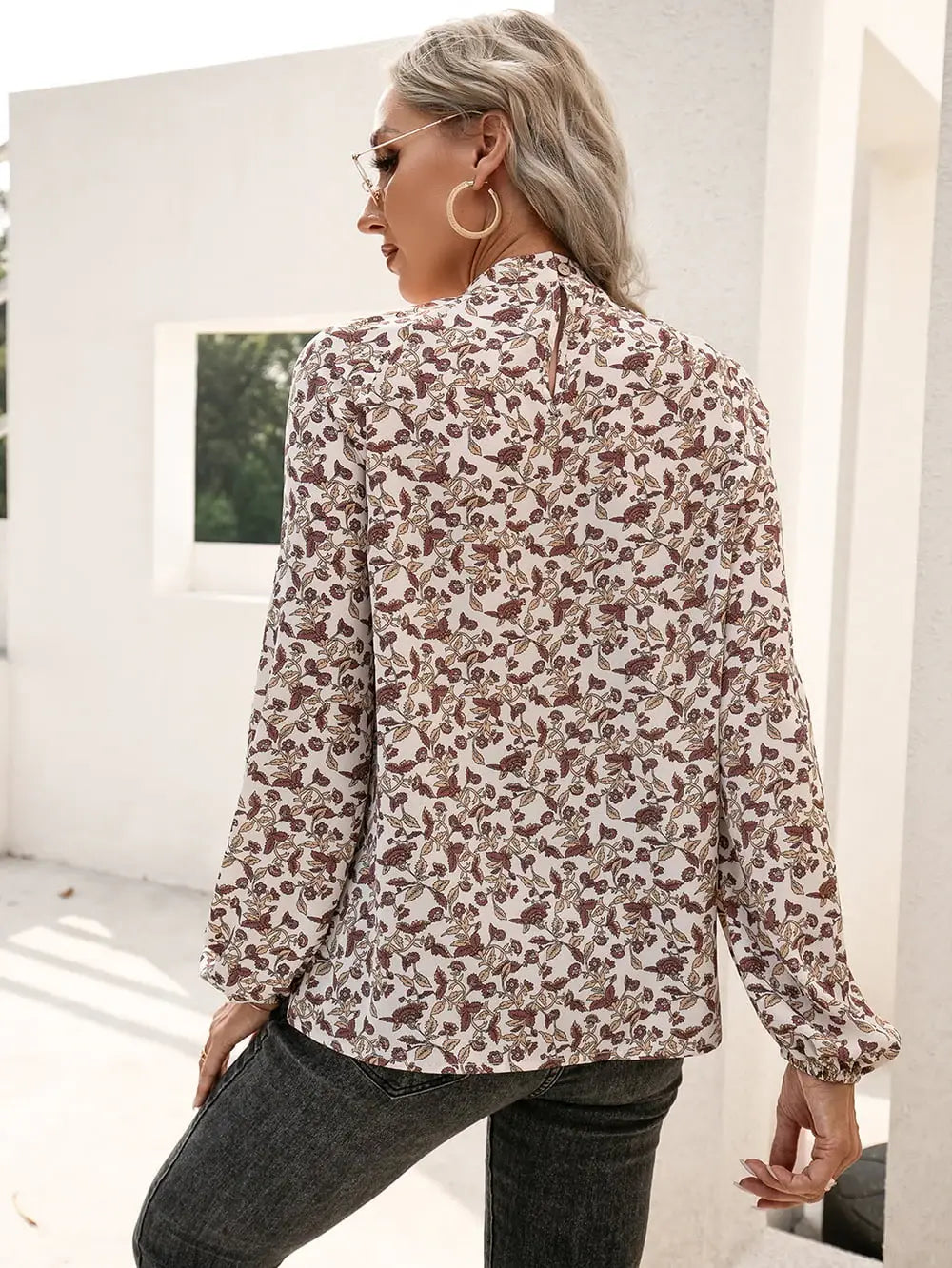 Floral Print Long Sleeve Mock Neck Blouse - Trendsi - Flyclothing LLC