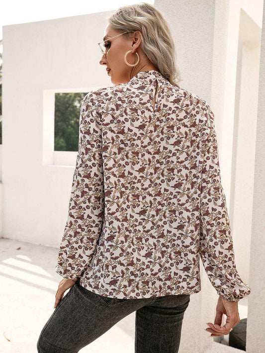 Floral Print Long Sleeve Mock Neck Blouse - Trendsi - Flyclothing LLC