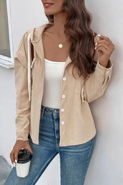 Ribbed Button Up Drawstring Hooded Jacket - Trendsi - Flyclothing LLC