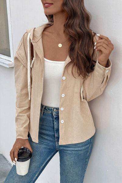 Ribbed Button Up Drawstring Hooded Jacket - Trendsi - Flyclothing LLC