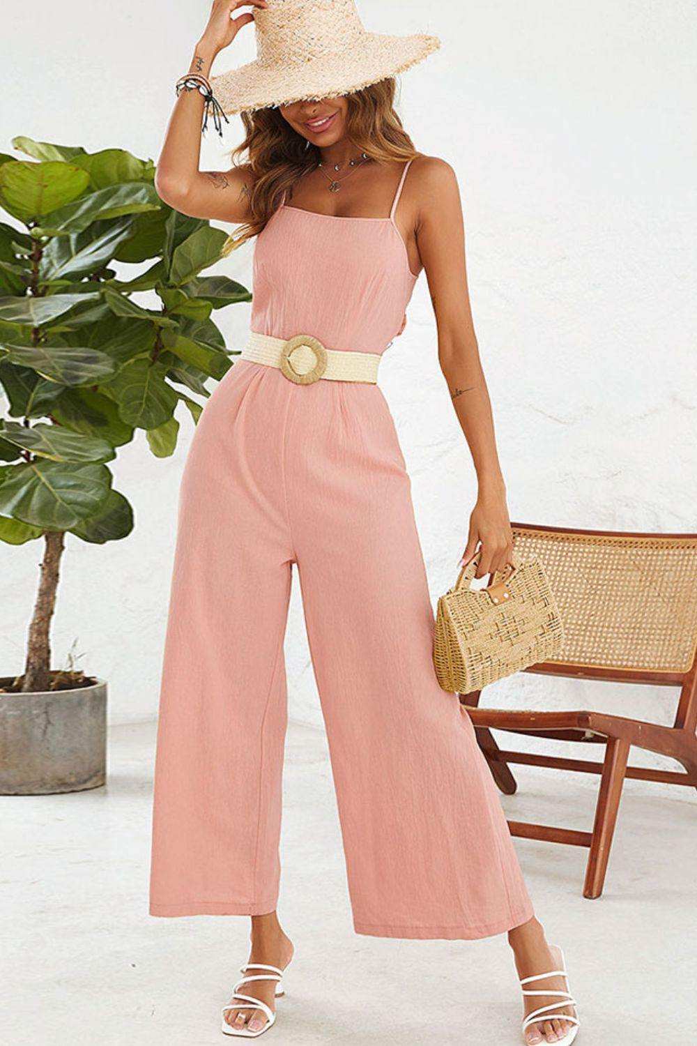 Cutout Spaghetti Strap Tie Back Wide Leg Jumpsuit - Trendsi - Flyclothing LLC