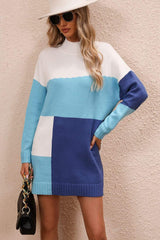 Color Block Mock Neck Dropped Shoulder Sweater Dress - Trendsi - Flyclothing LLC