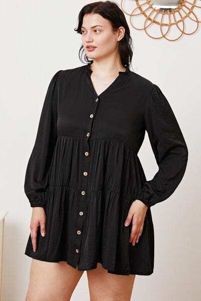 Ruffled Button Up Long Sleeve Tiered Shirt - Trendsi - Flyclothing LLC