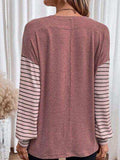 Round Neck Striped Long Sleeve Slit T-Shirt - Trendsi - Flyclothing LLC