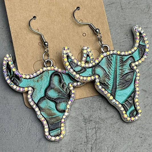 Rhinestone Trim Alloy Bull Earrings - Trendsi