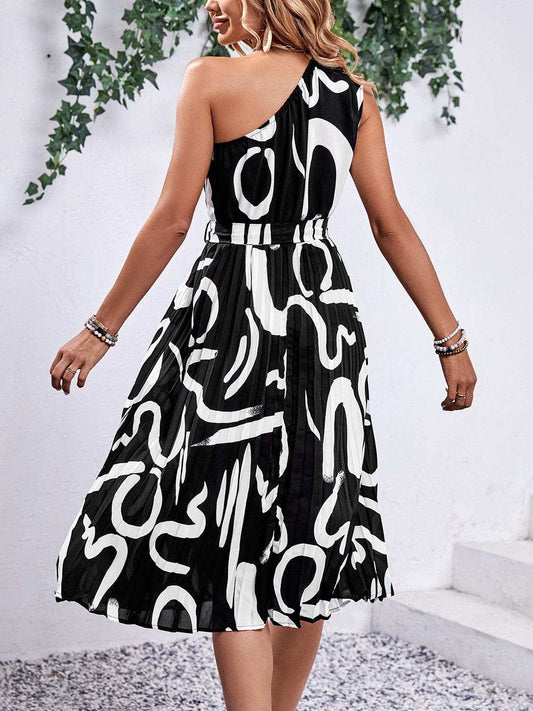 Printed Single Shoulder Tie Waist Dress - Trendsi - Flyclothing LLC