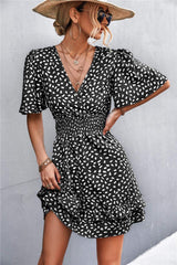 Printed Smocked Waist Layered Surplice Dress - Trendsi - Flyclothing LLC