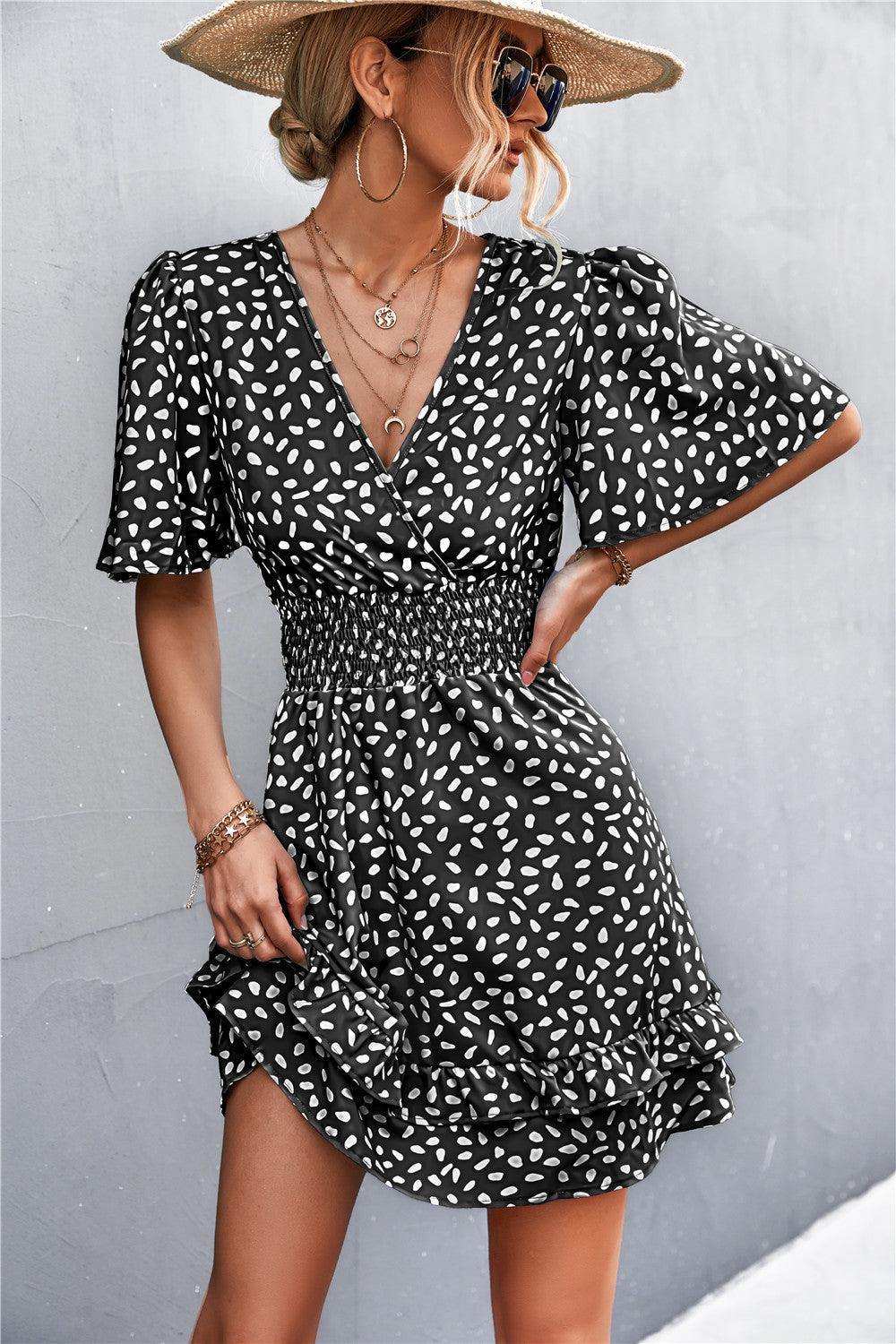 Printed Smocked Waist Layered Surplice Dress - Trendsi - Flyclothing LLC