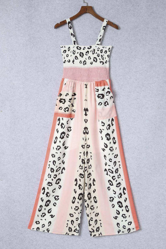 Leopard Color Block Smocked Jumpsuit - Trendsi - Flyclothing LLC