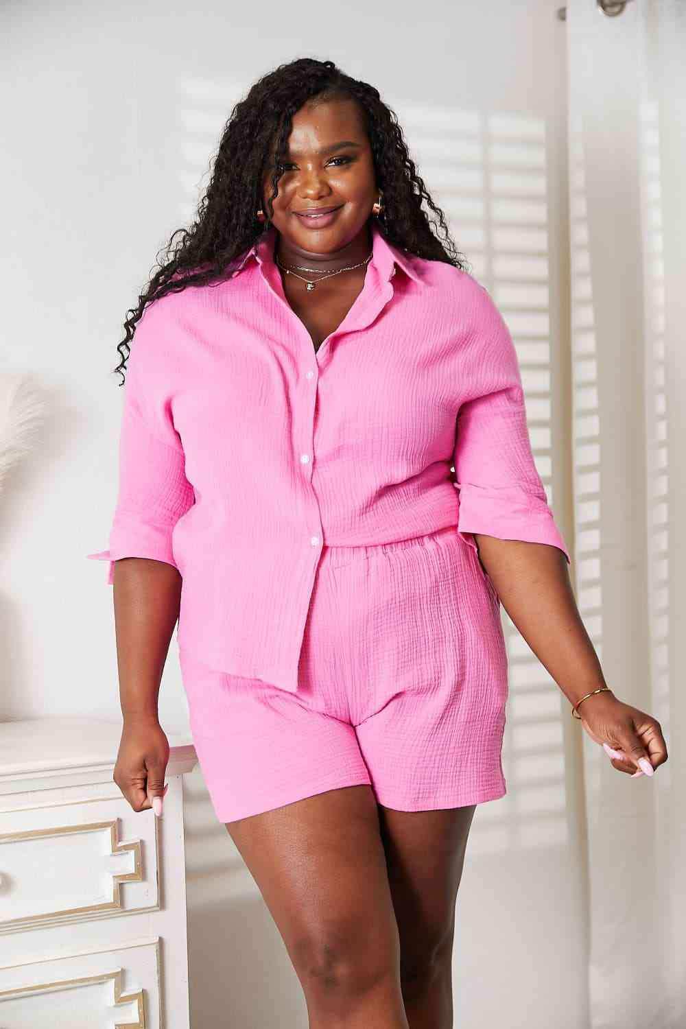 Double Take Textured Shirt and Elastic Waist Shorts Set - Trendsi - Flyclothing LLC