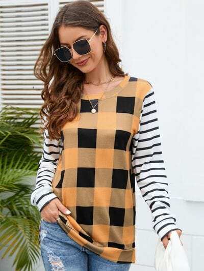Plaid Striped Round Neck Long Sleeve T-Shirt - Trendsi - Flyclothing LLC
