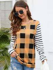 Plaid Striped Round Neck Long Sleeve T-Shirt - Trendsi