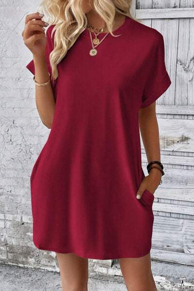 Pocketed Round Neck Short Sleeve Dress - Trendsi - Flyclothing LLC