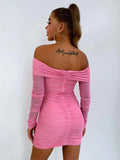 Glitter Ruched Off-Shoulder Long Sleeve Bodycon Dress - Trendsi - Flyclothing LLC