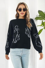 Cat Pattern Round Neck Long Sleeve Pullover Sweater - Trendsi