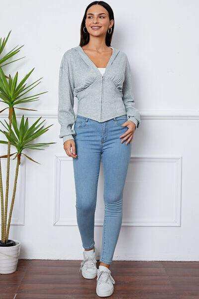 Ruched Half Zip Hooded Jacket - Trendsi - Flyclothing LLC