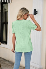Eyelet Flounce Sleeve Scalloped V-Neck Top - Trendsi - Flyclothing LLC