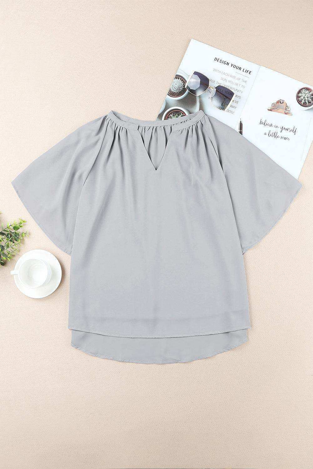 Gathered Detail Notched Neck Flutter Sleeve Top - Trendsi - Flyclothing LLC