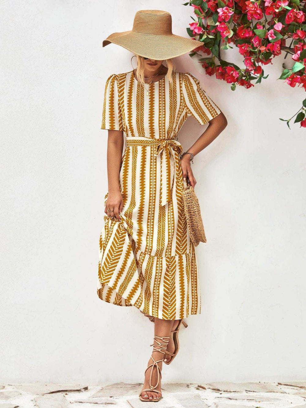 Striped Tie Belt Round Neck Puff Sleeve Dress - Trendsi - Flyclothing LLC