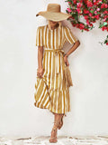 Striped Tie Belt Round Neck Puff Sleeve Dress - Trendsi - Flyclothing LLC