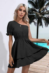 Layered Single Shoulder Flounce Sleeve Mini Dress - Trendsi - Flyclothing LLC