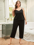 Plus Size Lace Trim Slit Cami and Pants Pajama Set - Trendsi
