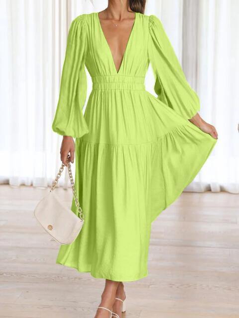 Deep V-Neck Balloon Sleeve Plain Maxi Dress - Trendsi