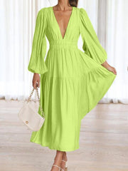 Deep V-Neck Balloon Sleeve Plain Maxi Dress - Trendsi