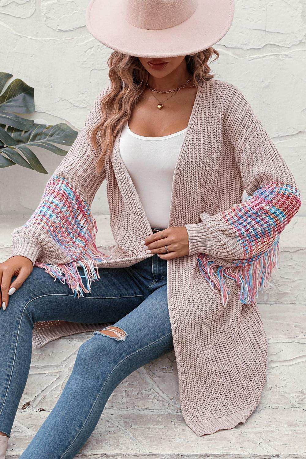 Fringe Sleeve Dropped Sholder Cardigan - Trendsi - Flyclothing LLC