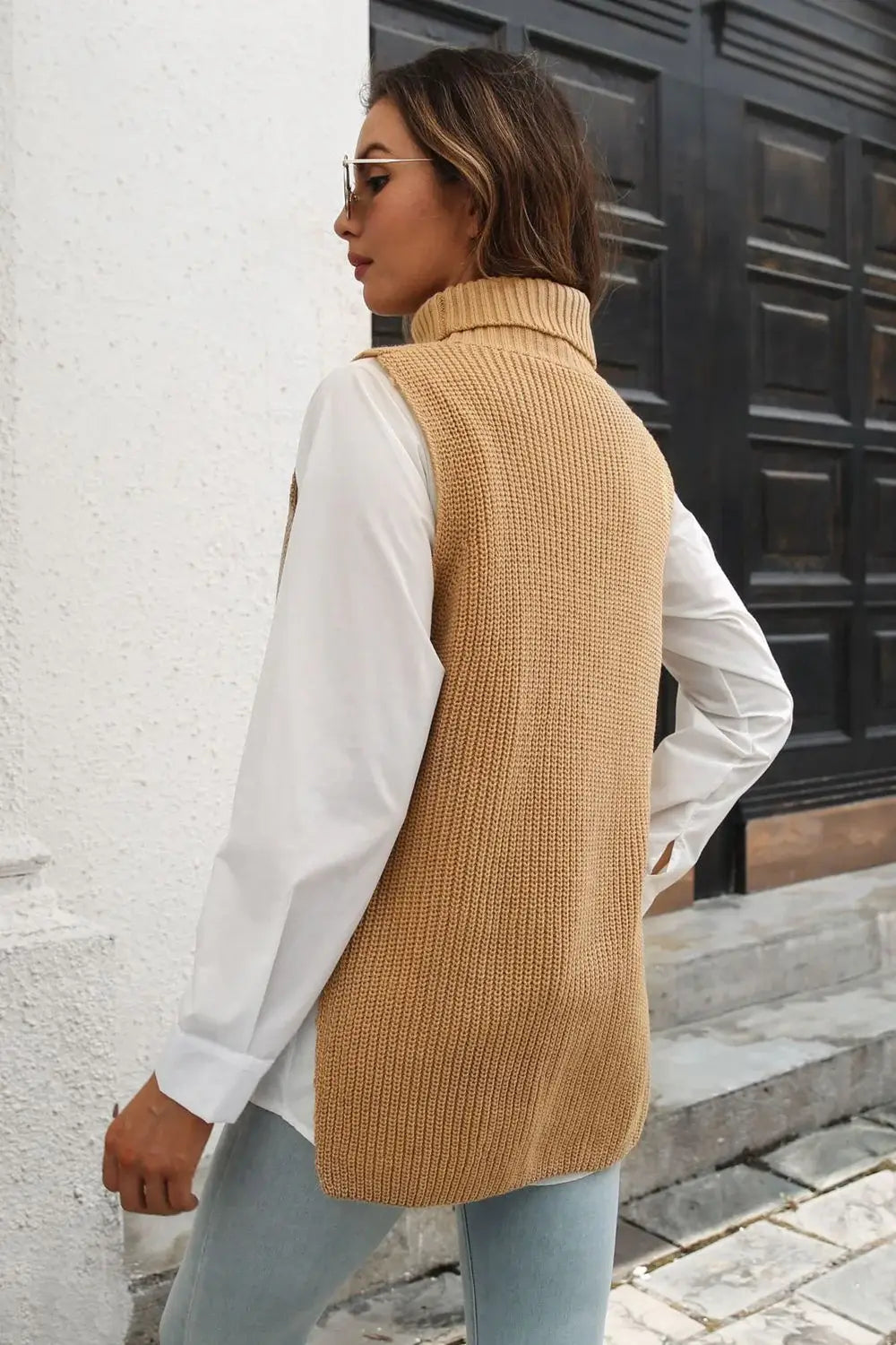 Ribbed Mock Neck Sleeveless Sweater Vest - Trendsi - Flyclothing LLC