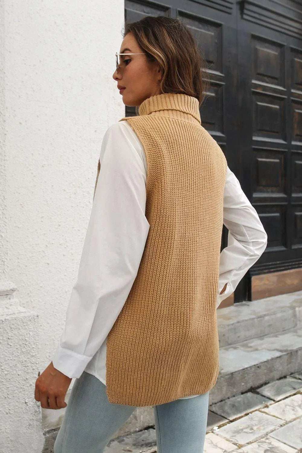 Ribbed Mock Neck Sleeveless Sweater Vest - Trendsi - Flyclothing LLC