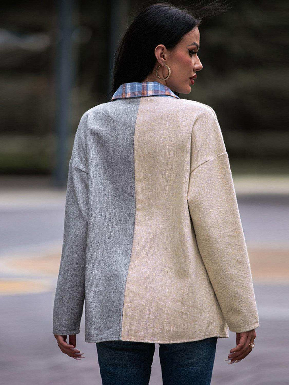 Plaid Contrast Drop Shoulder Shacket - Trendsi - Flyclothing LLC