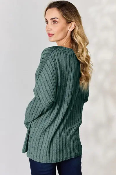 Basic Bae Full Size Ribbed Half Button Long Sleeve T-Shirt - Trendsi - Flyclothing LLC