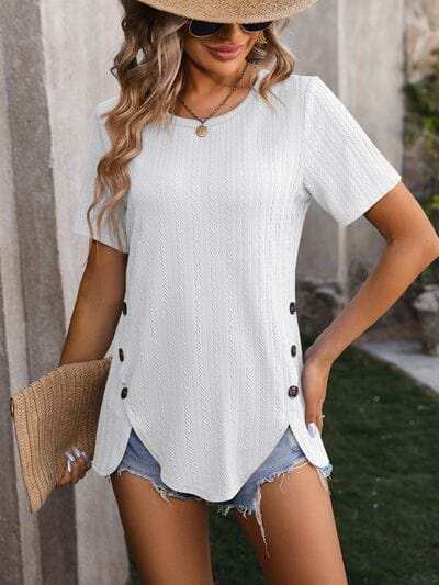 Decorative Button Round Neck Short Sleeve Blouse - Trendsi - Flyclothing LLC