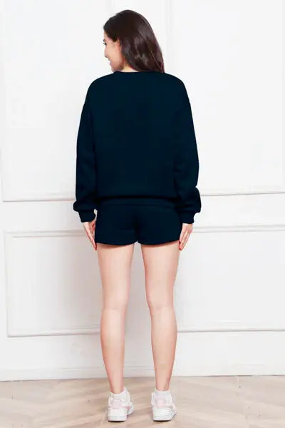 Round Neck Long Sleeve Sweatshirt and Drawstring Shorts Set - Trendsi - Flyclothing LLC