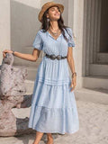 Tie Neck Balloon Sleeve Tiered Dress - Trendsi - Flyclothing LLC