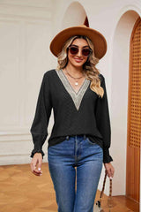 Contrast Flounce Sleeve Blouse - Trendsi