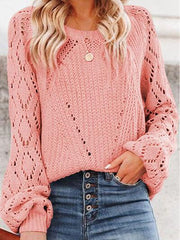 Openwork Round Neck Lantern Sleeve Sweater - Trendsi