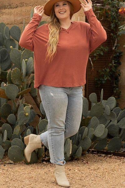 Plus Size Notched Long Sleeve T-Shirt - Trendsi