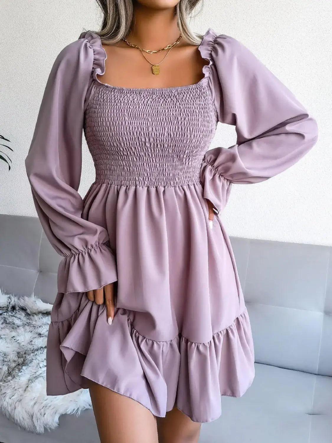 Smocked Flounce Sleeve Square Neck Dress - Trendsi - Flyclothing LLC