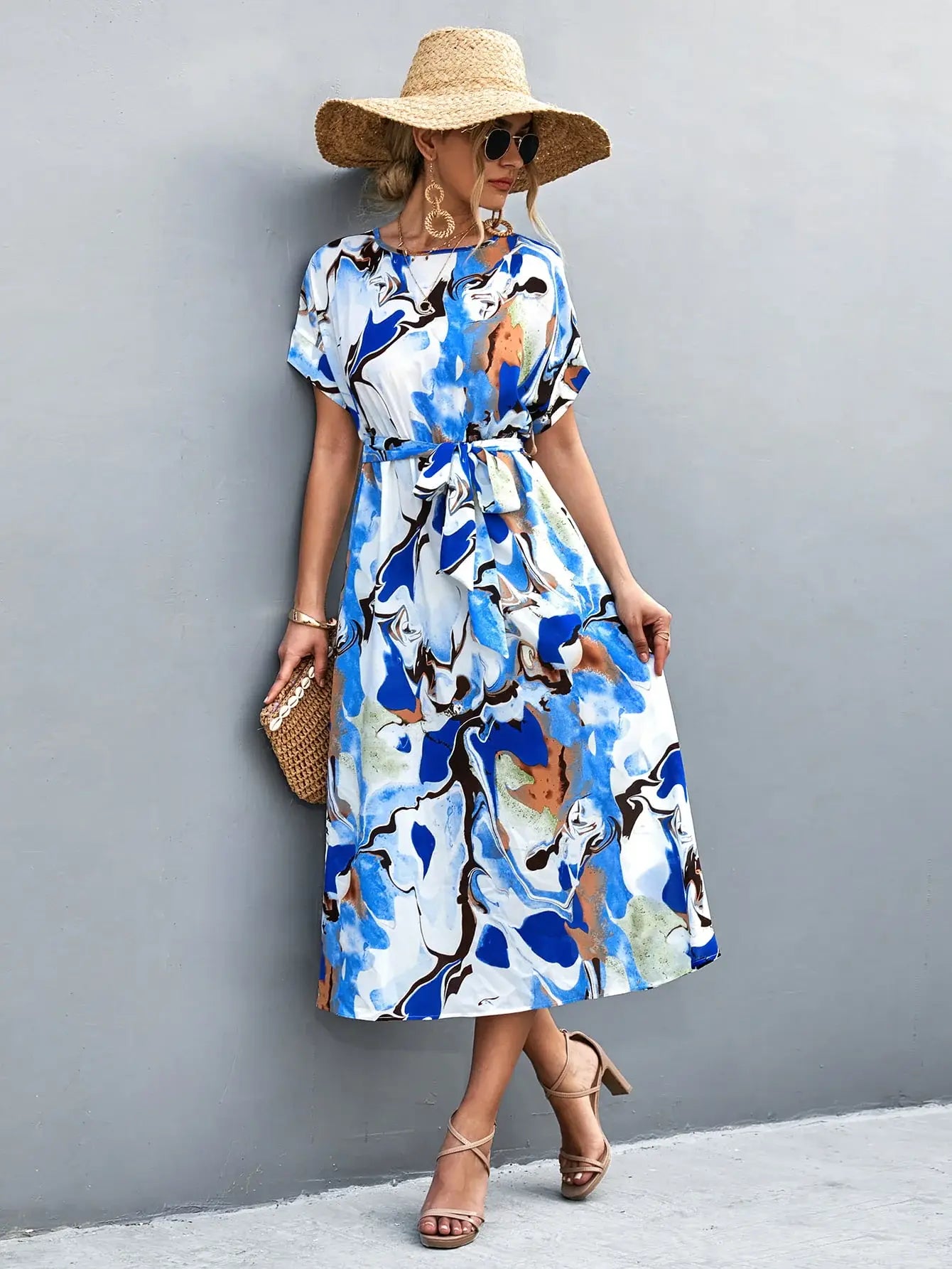 Round Neck Short Sleeve Tie Waist Midi Dress - Trendsi - Flyclothing LLC